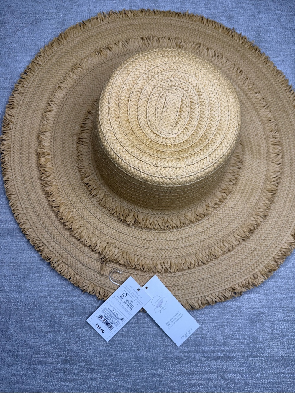 NWT Women’s Natural Straw Sun Hat Wide Brim Frayed Edge Adjustable One Size